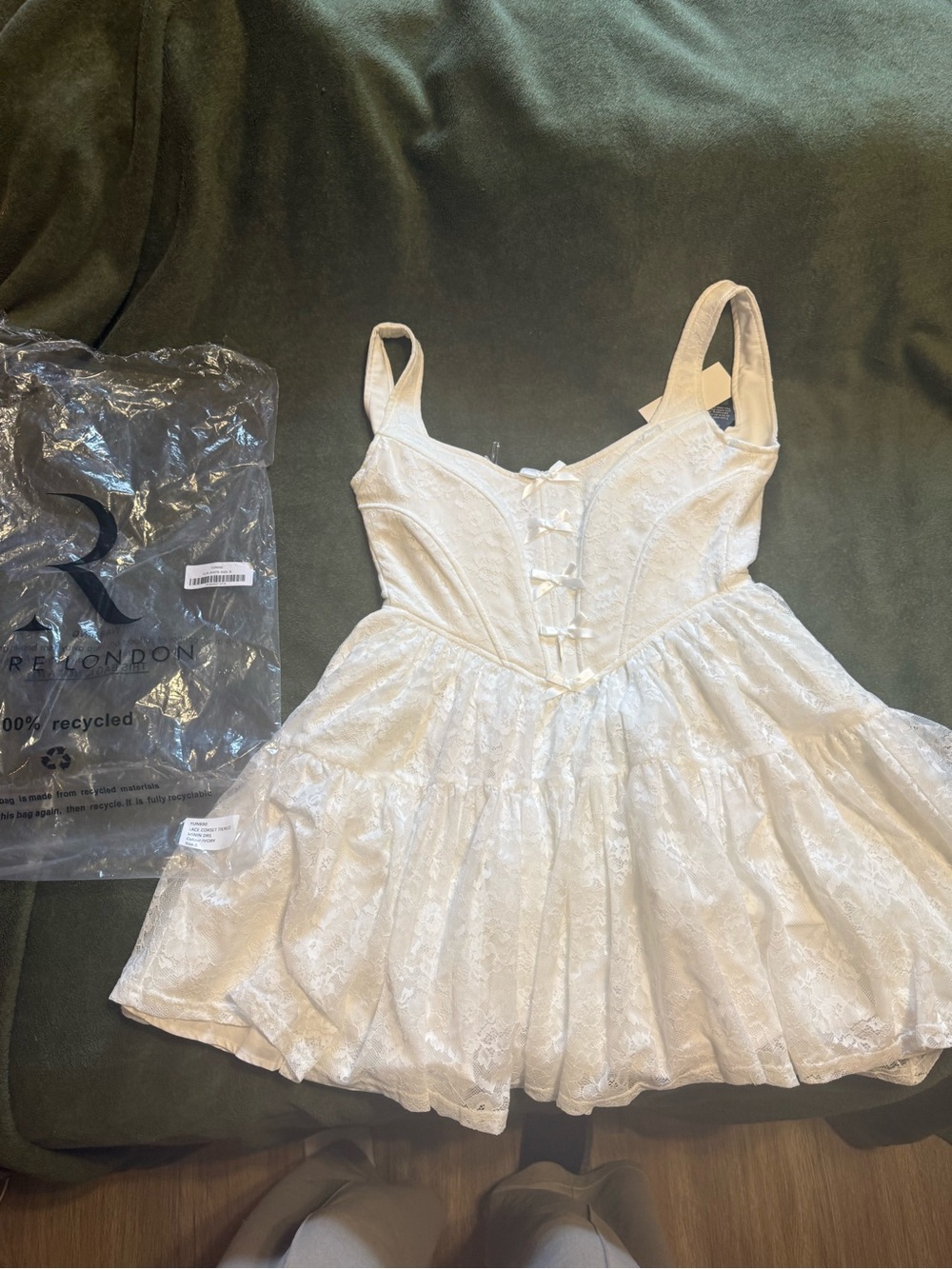 Rare London White Lace Babydoll Dress with Bow Detail